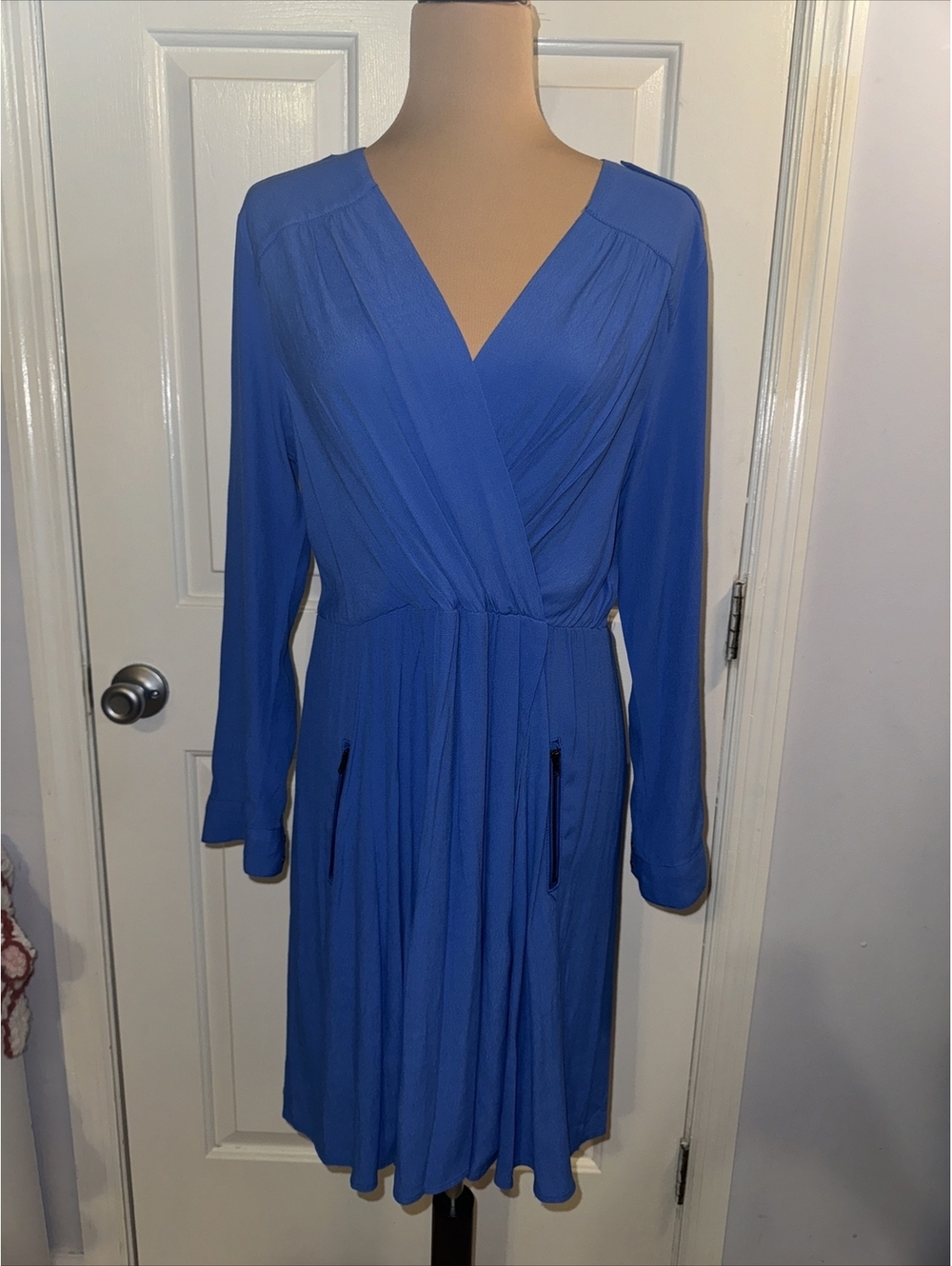 Anthropologie Maeve Lene Crepe Faux Wrap Dress Pockets Blue Roll Tab Sleeve XS